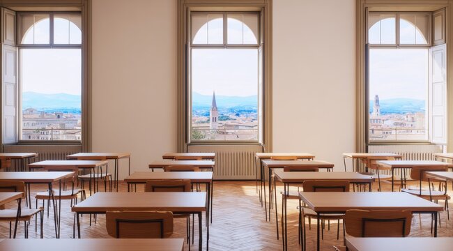 Empty vintage classroom with wooden desks and large windows overlooking a scenic cityscape