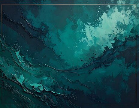 A dark teal abstract painting with wavy lines and a thin gold border
