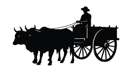 A black silhouette depicts a farmer driving a traditional ox drawn cart through a rural landscape silhouette high quality professional detailed modern © rabbivay