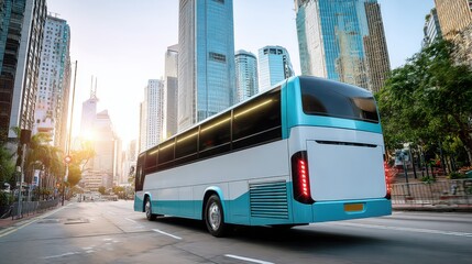 Fototapeta premium Modern Blue and White Coach Bus Driving on City Street with Tall Buildings in Background at Sunset
