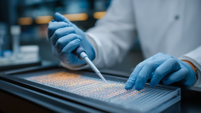 Laboratory technician pipetting fluorescent mRNA sequences into thermal cycler while holographic molecular structures display protein folding patterns on transparent screens, perfect for biotechnolo