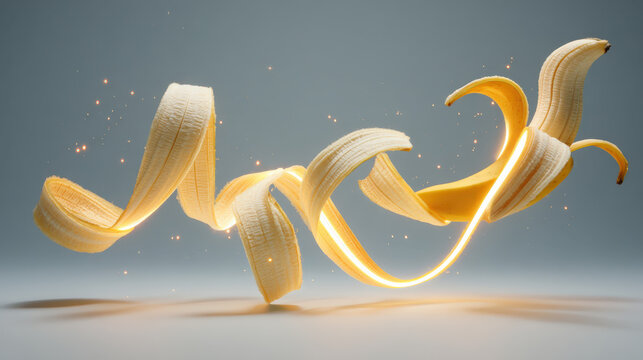 Floating banana peel strands twist dynamically with sparkles