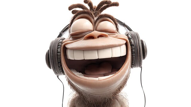 A goofy 3D rendered character with dreadlocks and headphones, laughing loudly with eyes closed,