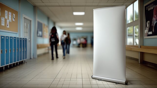 Blank Retractable Banner Stand Displaying Advertisement in Blurred School Hallway with Lockers and Students