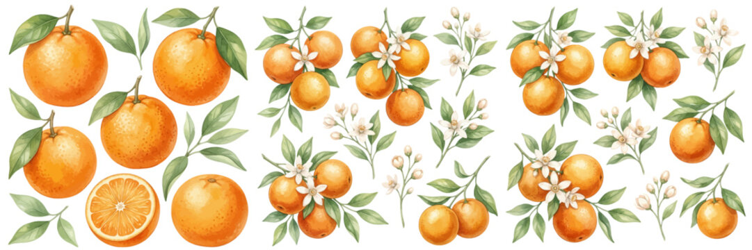 A charming watercolor collection of oranges featuring fresh citrus fruits with glossy leaves and delicate white blossoms illustrated in a natural botanical style.