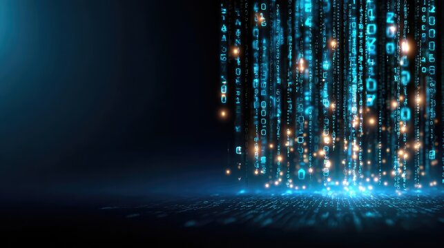 Glowing Blue Binary Code Rain with Digital Particles Evoking a Futuristic and Technological Atmosphere Suitable for Concepts of Data, Cybersecurity, and Innovation in the Digital Age