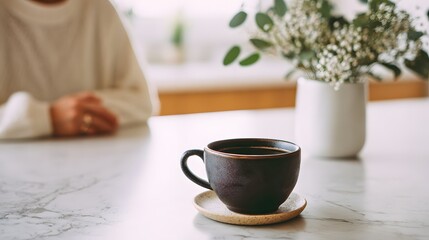 Fototapeta premium Person enjoying peaceful coffee moment in minimal interior