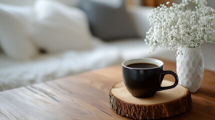 Obraz premium Minimal product placement coffee with cozy home environment