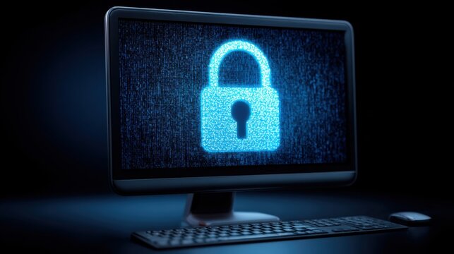 Digital Cyber Security Lock Icon Glowing Blue on Computer Screen with Binary Code Background