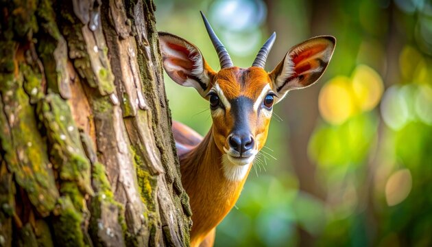 A curious bushbuck peeking from behind a tree trunk in the forest.
