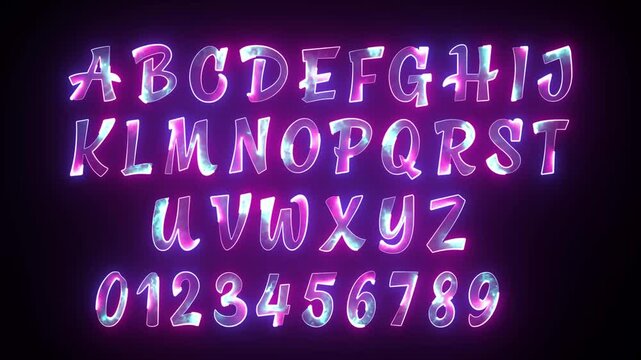 alphabet letters and numbers with glowing neon outlines on black with Glowing Text with Animated Text with Motion Graphi