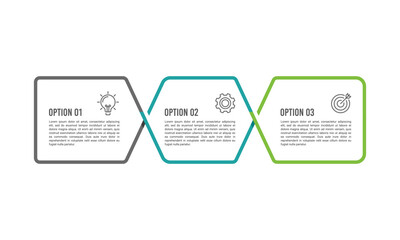 Modern 3 options infographic template with linked hexagonal shapes for business process. Vector illustration.