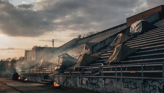 Group of friends sitting on stadium bleachers at sunset.