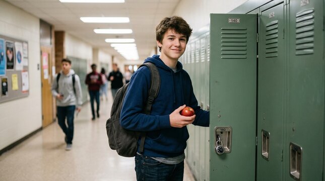 Young boy smiling while holding an apple by school locker  