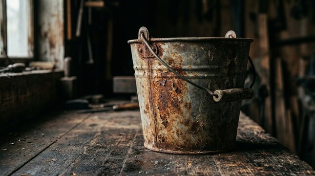 Rusty metal bucket on wooden surface in rustic workshop setting  