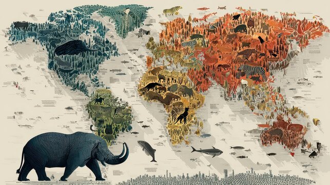 Detailed Animal Distribution Map with Illustration of Global Wildlife
