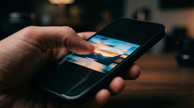 Hand swiping on smartphone screen displaying scenic landscape photo  