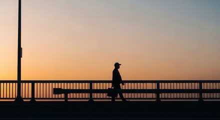 Fototapeta premium Silhouette of a commuter walking across a bridge at sunrise with a bag