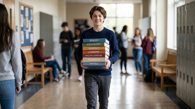 Teen boy carrying books while walking in school hallway with friends  