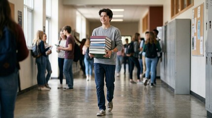 Fototapeta premium Teen boy carrying stack of books while walking in school hallway 