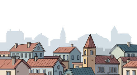 Naklejka premium Charming old town houses with a church tower, cartoon city skyline illustration.