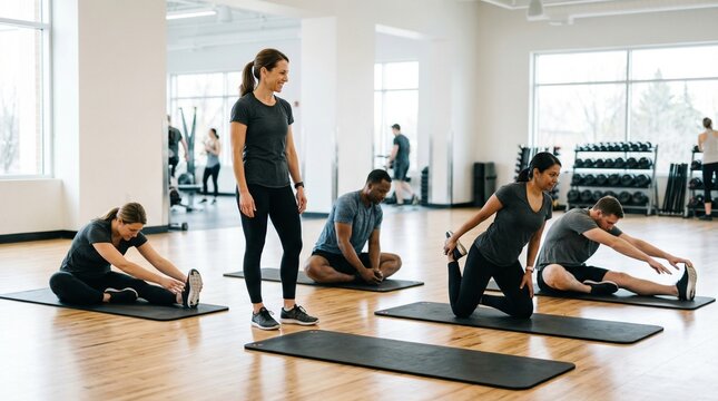 Group of people stretching in fitness studio during exercise session  