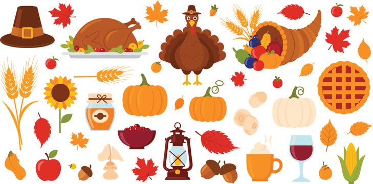 Thanksgiving autumn elements collection with turkey, pumpkin, cornucopia, pie, wheat, maple leaves, harvest food and festive fall vector illustration set