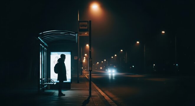 Silhouette of a person patiently waiting at a dimly lit urban bus stop at night with distant city lights