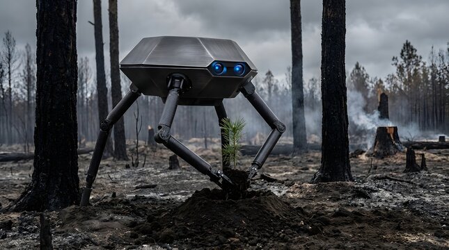 A sophisticated, multi-legged robotic drone, with glowing blue eyes, meticulously plants a new green tree sapling into the fresh soil.