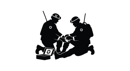 Two soldiers providing medical assistance to a wounded comrade depicted in a striking black silhouette high quality professional detailed modern elegant © rabbivay