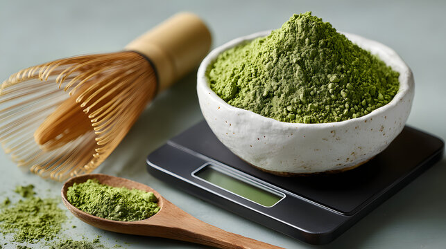 matcha powder measurement, matcha powder inside white chawan placed on digital precision scale with bamboo whisk and masuring spoon. green Tea Preparation Setup 