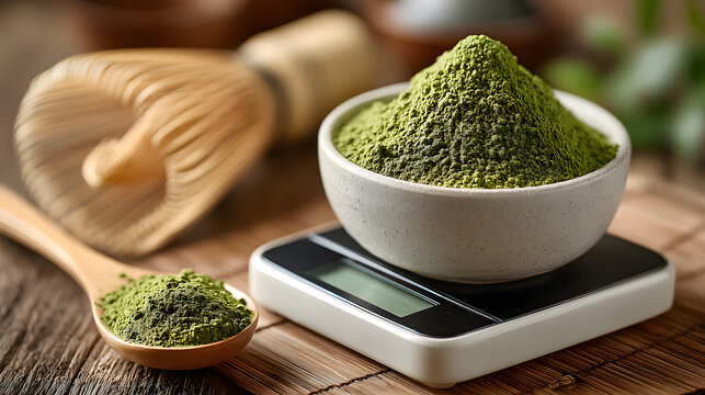 matcha powder measurement, matcha powder inside white chawan placed on digital precision scale with bamboo whisk and masuring spoon. green Tea Preparation Setup 