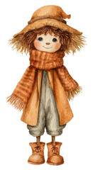 Obraz premium Watercolor cute doll scarecrow straw boy wearing brown knitted scarf on Halloween holiday clip art illustration