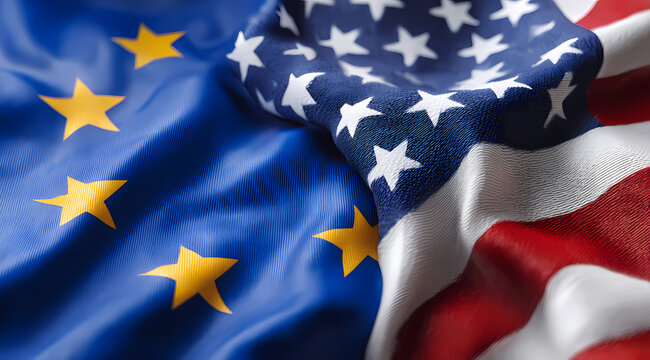 Drapeaux de l'Union europ&eacute;enne et des &Eacute;tats-Unis flottant ensemble, symbole de coop&eacute;ration internationale et de partenariat