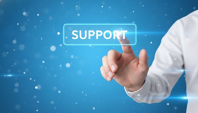 Hand pressing a glowing neon blue button labeled support on a digital interface