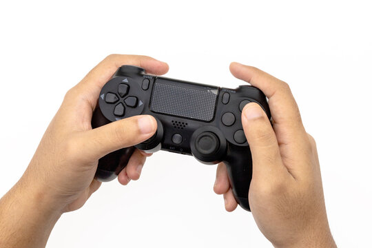 Close-up of Hands Holding a Black Joystick Controller on White Background
