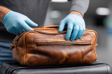 Fototapeta premium Person wearing protective gloves packing a brown leather travel bag for a trip, hygiene safety