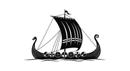 A striking depiction of a traditional viking longship sailing on water rendered as a bold silhouette high quality professional detailed modern © rabbivay