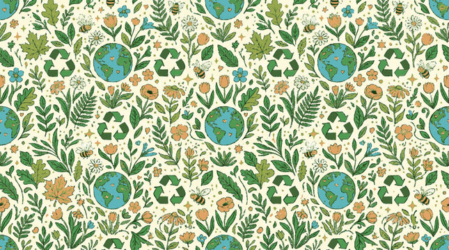A colorful vector illustration of the Earth surrounded by lush greenery and vibrant flowers in a repeating pattern