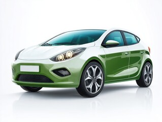 Obraz premium Modern Green And White Compact Car Isolated On White Background, Eco-Friendly Vehicle Concept