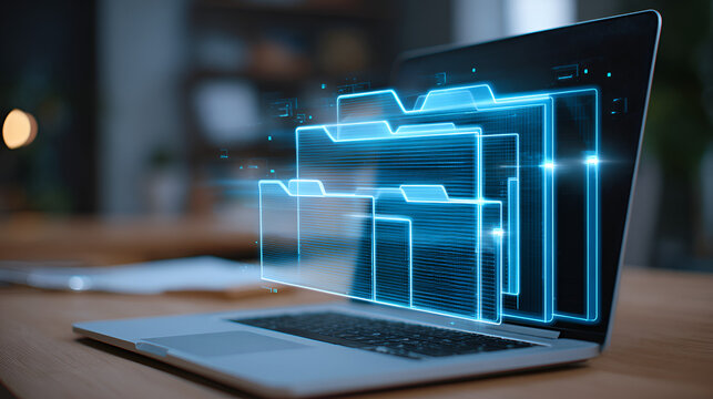 Digital folder management system on laptop screen showing file organization and data storage. office worker in virtual workspace for efficient online document archiving and business productivity