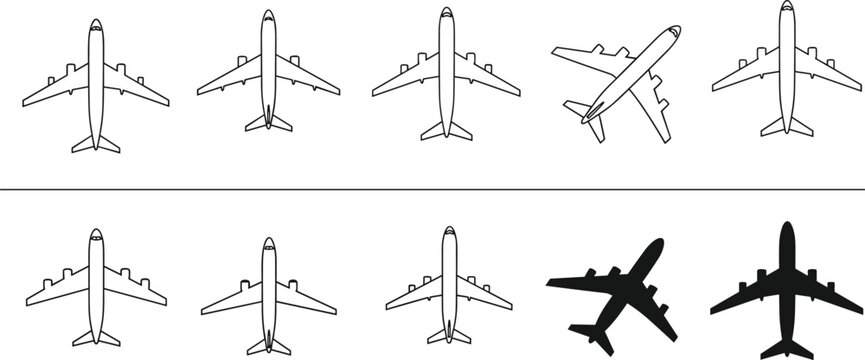Airplane top view icon set with different angles outline and silhouette aircraft vector illustration collection isolated on white background