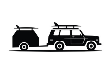 Obraz premium A black silhouette of a vintage SUV with surfboards on top towing a small trailer