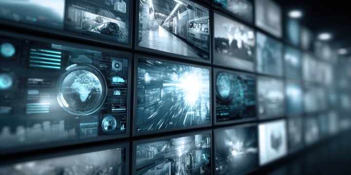 Digital Surveillance Wall Displaying Global Data, Security Feeds, and Analytics