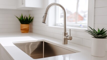 Fototapeta premium Modern Kitchen Sink with Pull-Down Faucet and Countertops Surrounded by Natural Light and Houseplants