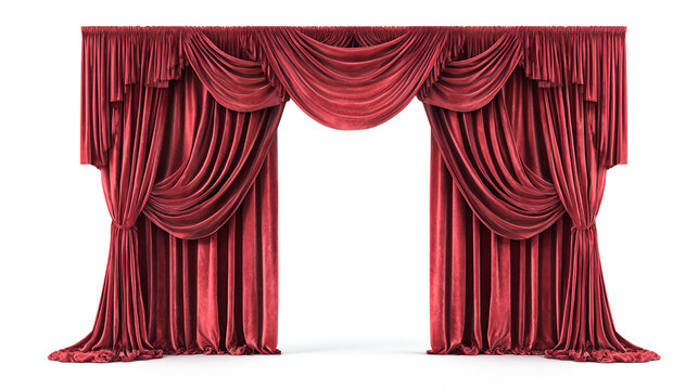 Elegant red velvet curtains isolated on white background background, theater stage decoration for performance and event design