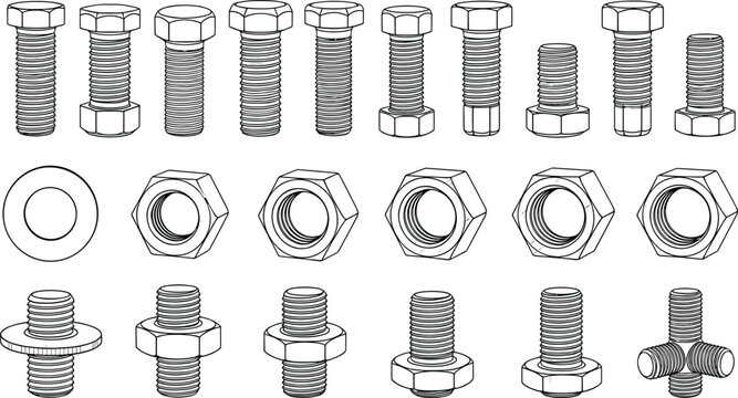 Bolt Nut and Washer Outline Collection Featuring Threaded Fasteners Hardware Components and Industrial Fixing Elements for Mechanical Engineering and Construction Design Set