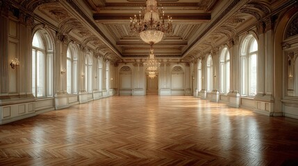 Obraz premium Elegant Baroque Ballroom with Ornate Chandeliers and Polished Parquet Floor Illuminated by Natural Light