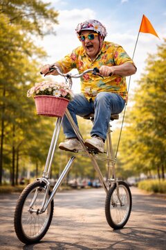 Mann f&auml;hrt lustiges Hochrad Fahrrad mit Blumen und bunter Kleidung im Park