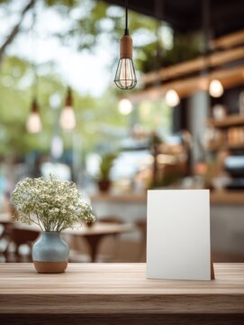 Empty greeting card on a wooden table in a cozy cafe with a vase of flowers and soft ambient lighting